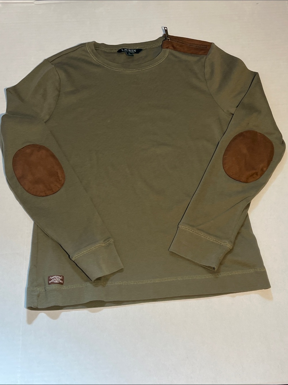 Ralph Lauren Olive Green Long-Sleeve Top with Brown Shoulder Tab size XL